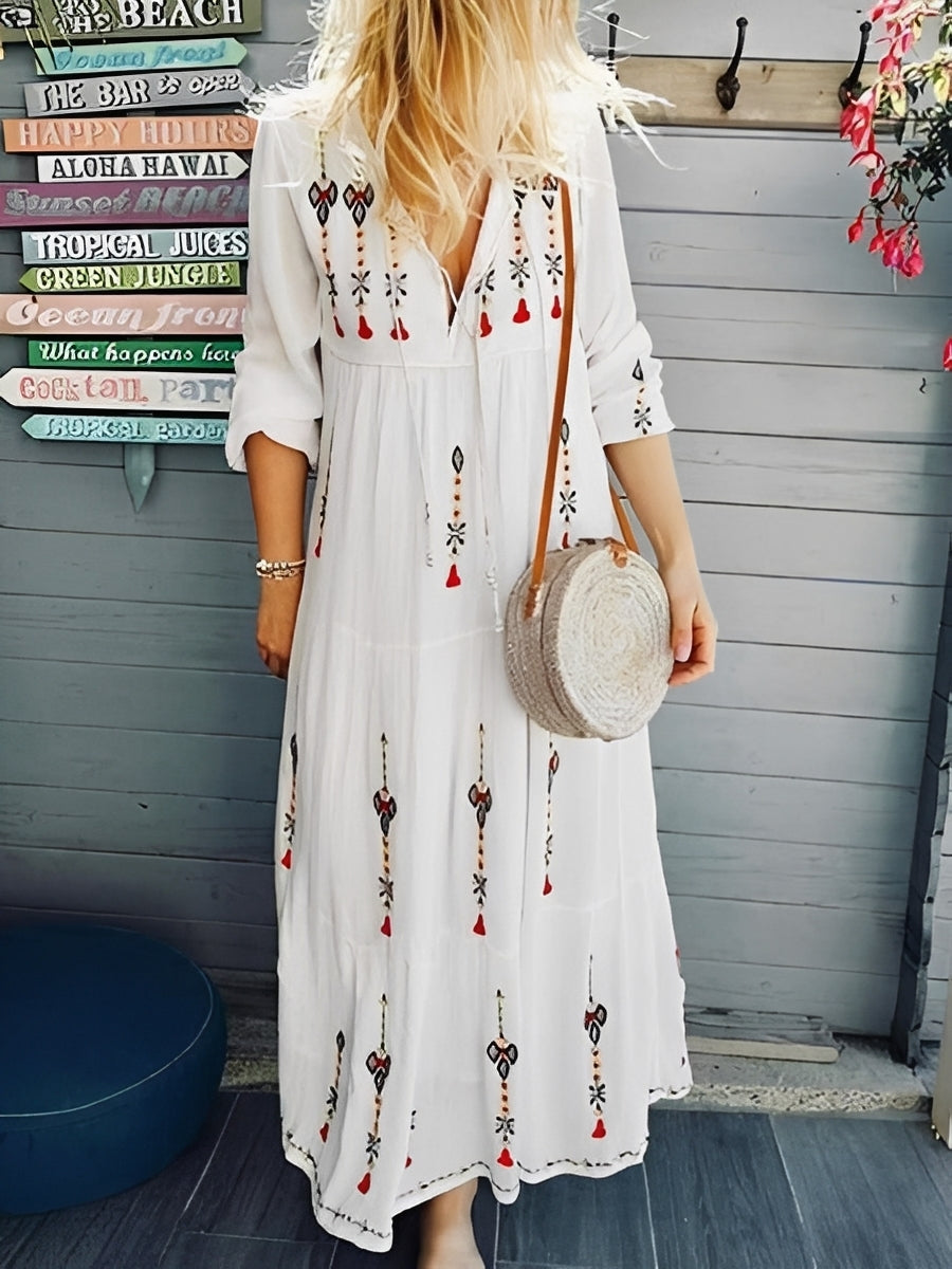 Damen Boho-Kleid mit V-Ausschnitt und Blumenmuster – Sommerkleid für Urlaub und warme Tage