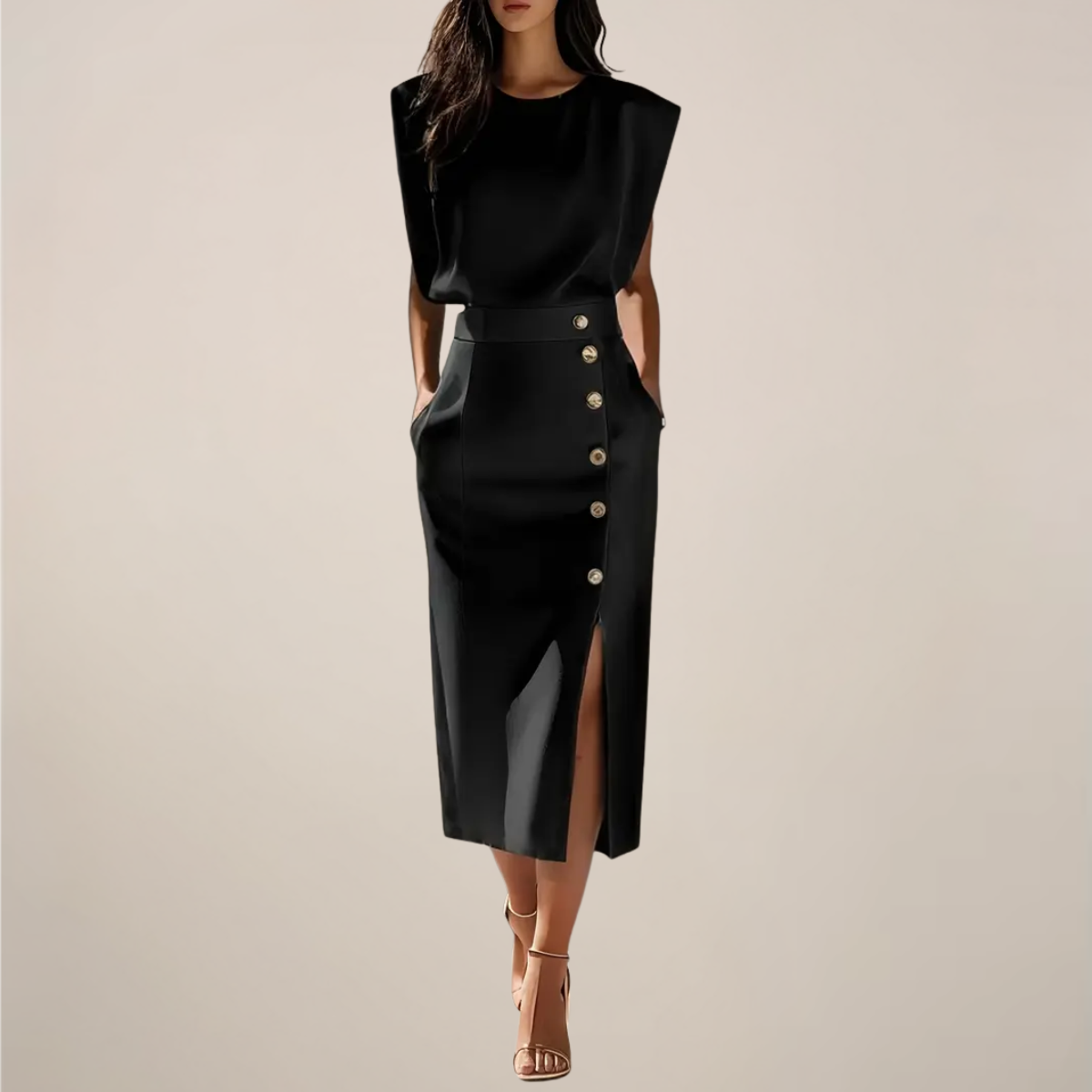 Ilse | Damen Ärmelloses Midi Kleid mit Knopfleiste & Seitenschlitz – Elegant, Zeitlos & Feminin für Alltag & Anlässe