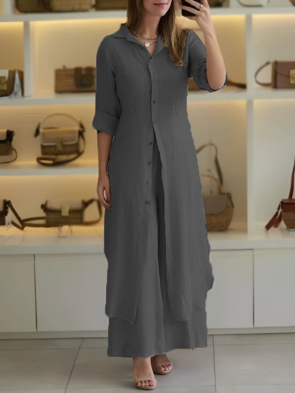 Damen Zweiteiliges Set mit langem Hemd und Hose – Leichtes Outfit für Alltag und warme Tage