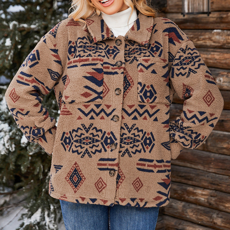 Franka | Damen Teddy Jacke Oversized Fit mit Muster & Reverskragen