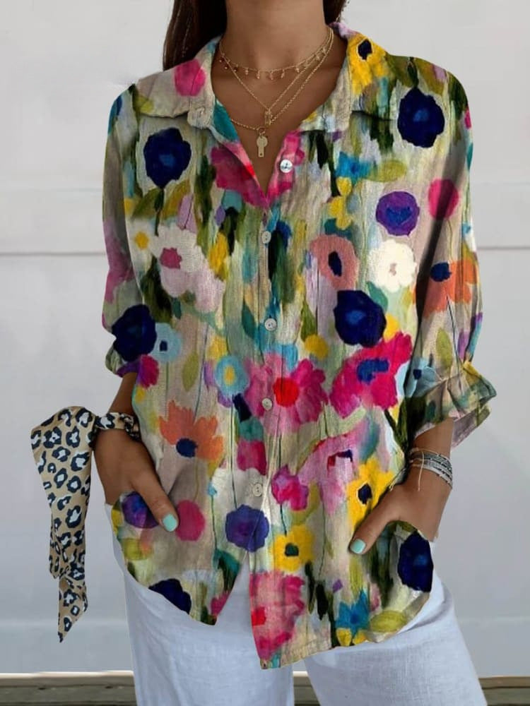 Flore | Floral Birds Art Leinen V-Ausschnitt Hemd