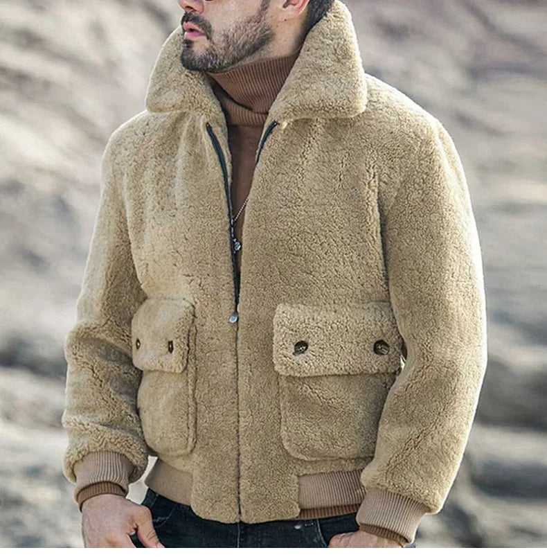 Maik | Herren Beiger Imitations-Lammfell Reißverschlussjacke mit Großen Taschen – Warm und Praktisch