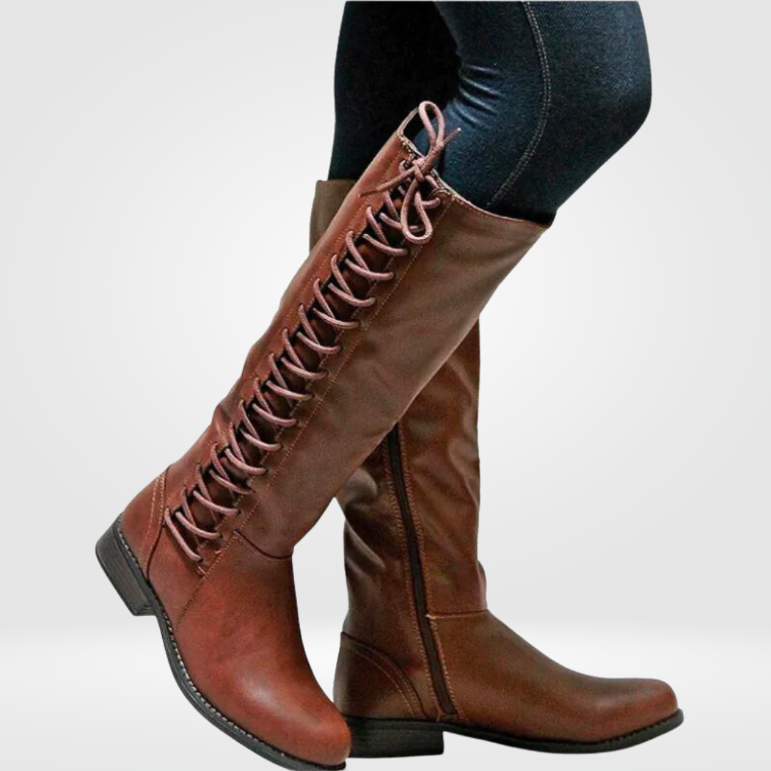 Larissa | Damen Stiefel bis zum Knie mit Schnürdetail & Seitlichem Reißverschluss | Stilvolle Winter Boots