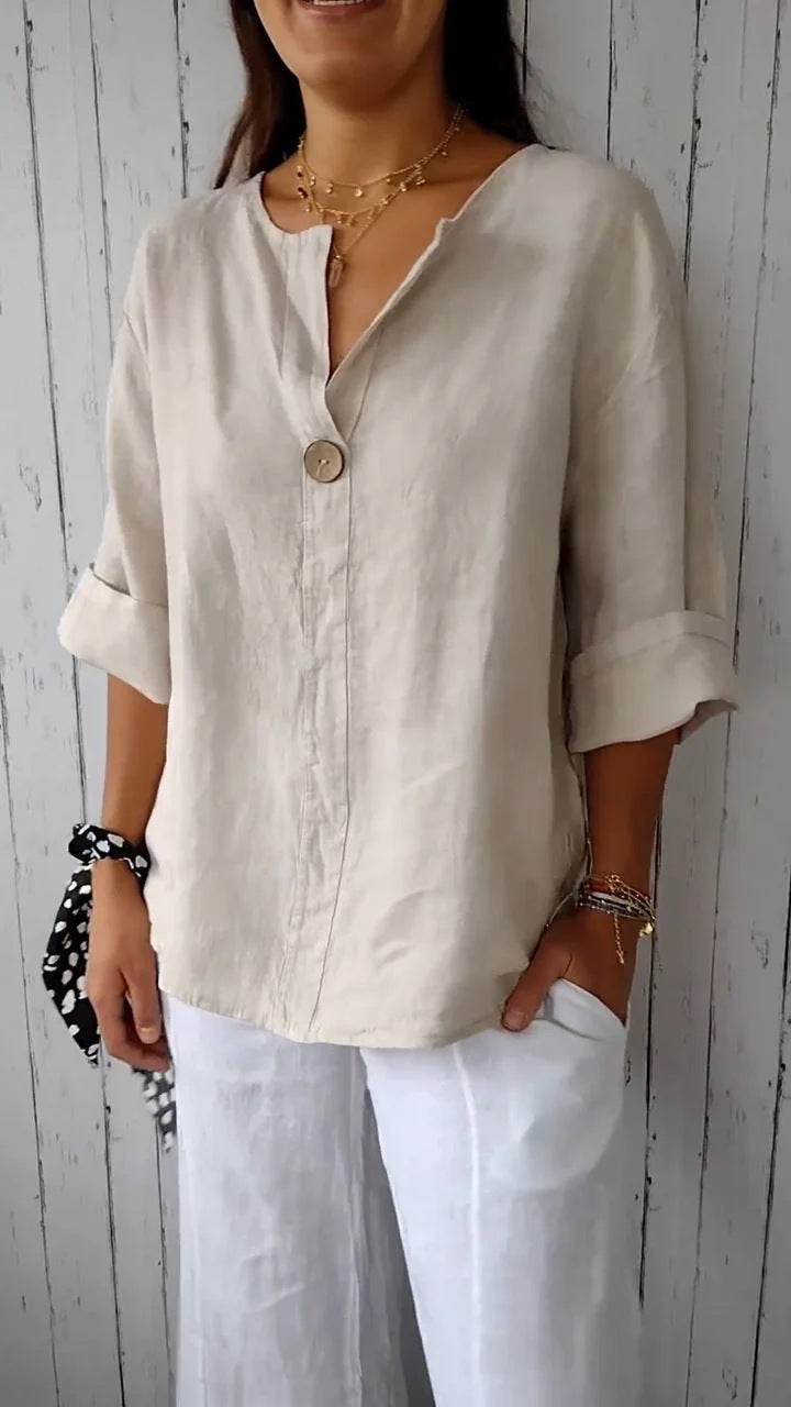 Damen Bluse mit V-Ausschnitt und 3/4 Ärmeln – Lockere Sommerbluse für Alltag und stilvolle Freizeitlooks