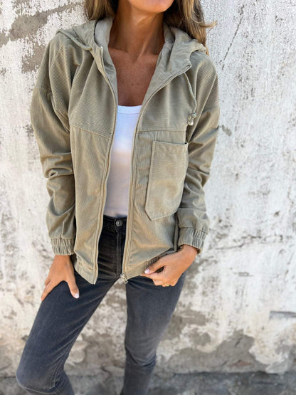 Elzina | Damen Cord-Jacke mit Kapuze, Reißverschluss und großen Taschen
