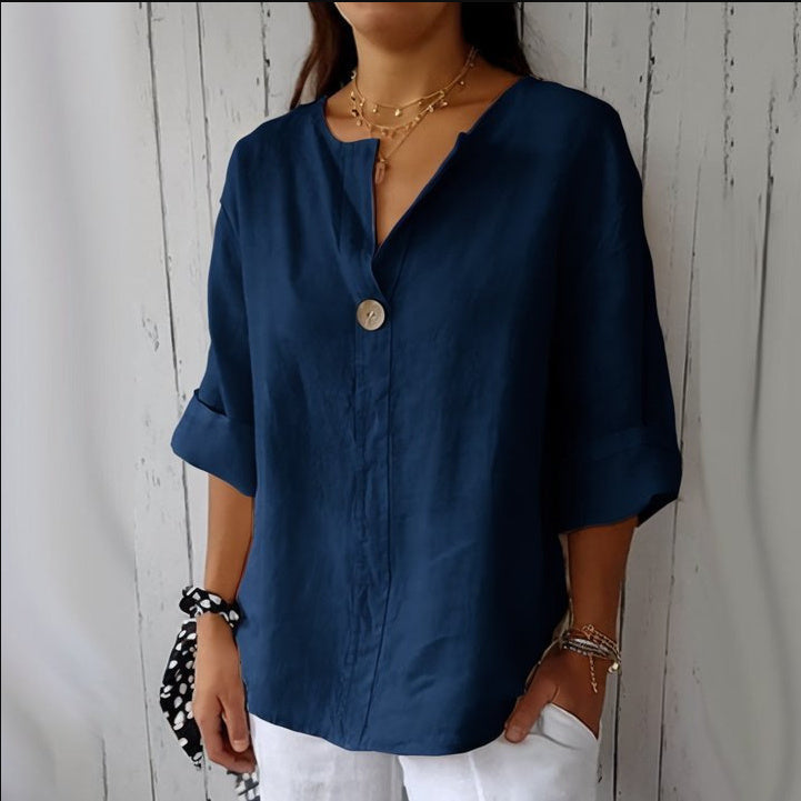Damen Bluse mit V-Ausschnitt und 3/4 Ärmeln – Lockere Sommerbluse für Alltag und stilvolle Freizeitlooks