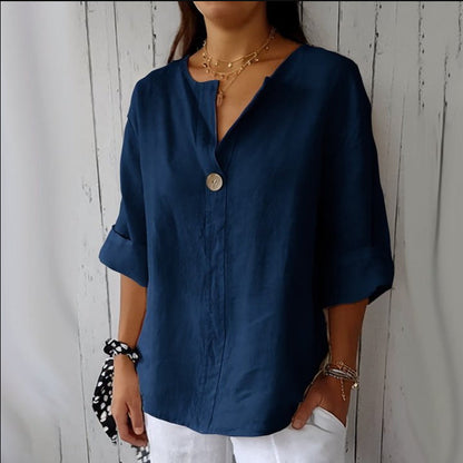 Damen Bluse mit V-Ausschnitt und 3/4 Ärmeln – Lockere Sommerbluse für Alltag und stilvolle Freizeitlooks