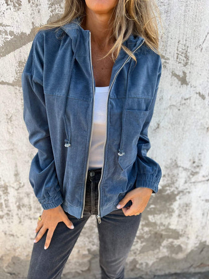 Elzina | Damen Cord-Jacke mit Kapuze, Reißverschluss und großen Taschen