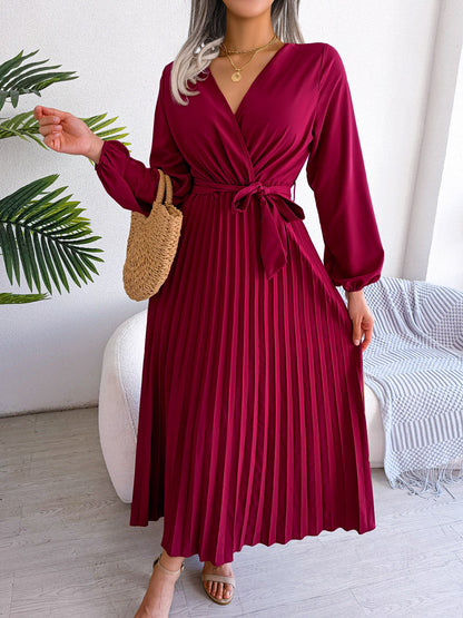 Damen Maxikleid – Elegantes Kleid mit Falten & Taillengürtel