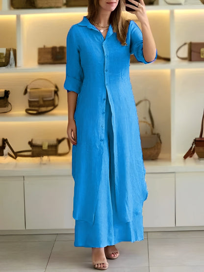 Damen Zweiteiliges Set mit langem Hemd und Hose – Leichtes Outfit für Alltag und warme Tage