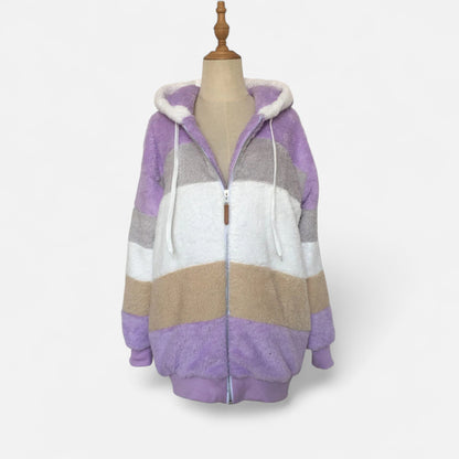Erika | Damen Oversized Jacke mit Kapuze – Gestreifte Soft-Jacke mit Reißverschluss & Kordelzug für Herbst & Winter Eleganz