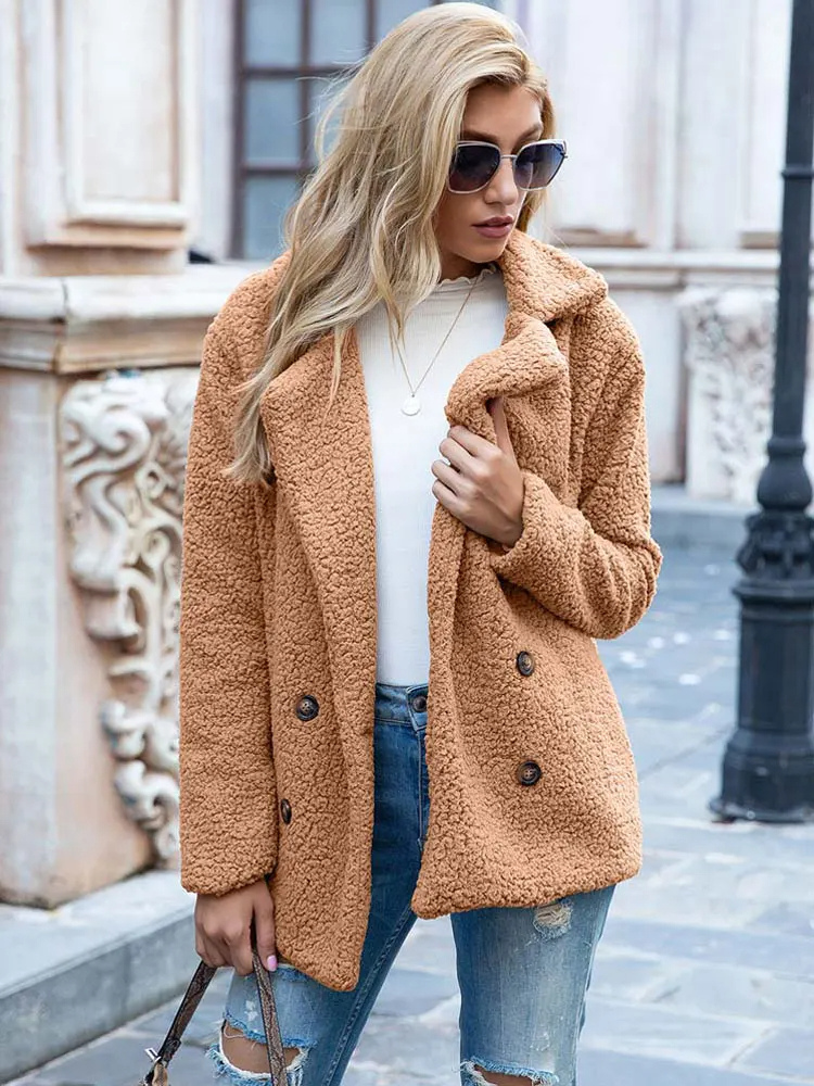 Halira | Damen Stylische Teddy Plüsch Luxus Fleece Mantel mit Taschen