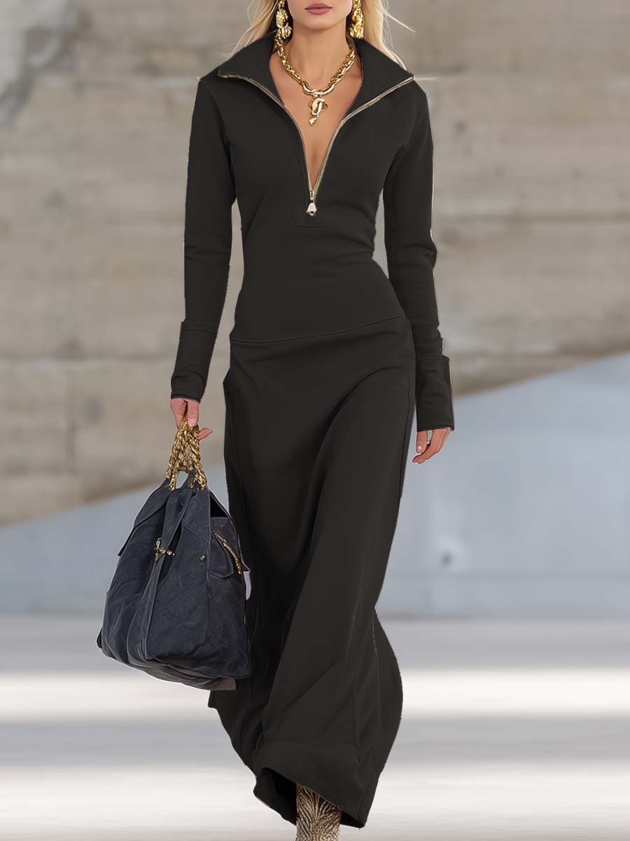 Damen Maxikleid mit Zip-Kragen | Figurbetontes Sommerkleid in eleganter Silhouette