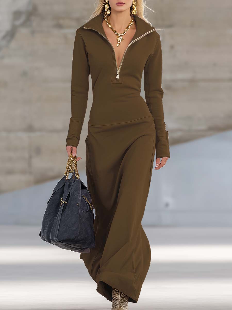 Damen Maxikleid mit Zip-Kragen | Figurbetontes Sommerkleid in eleganter Silhouette