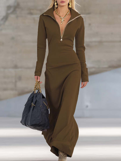 Damen Maxikleid mit Zip-Kragen | Figurbetontes Sommerkleid in eleganter Silhouette