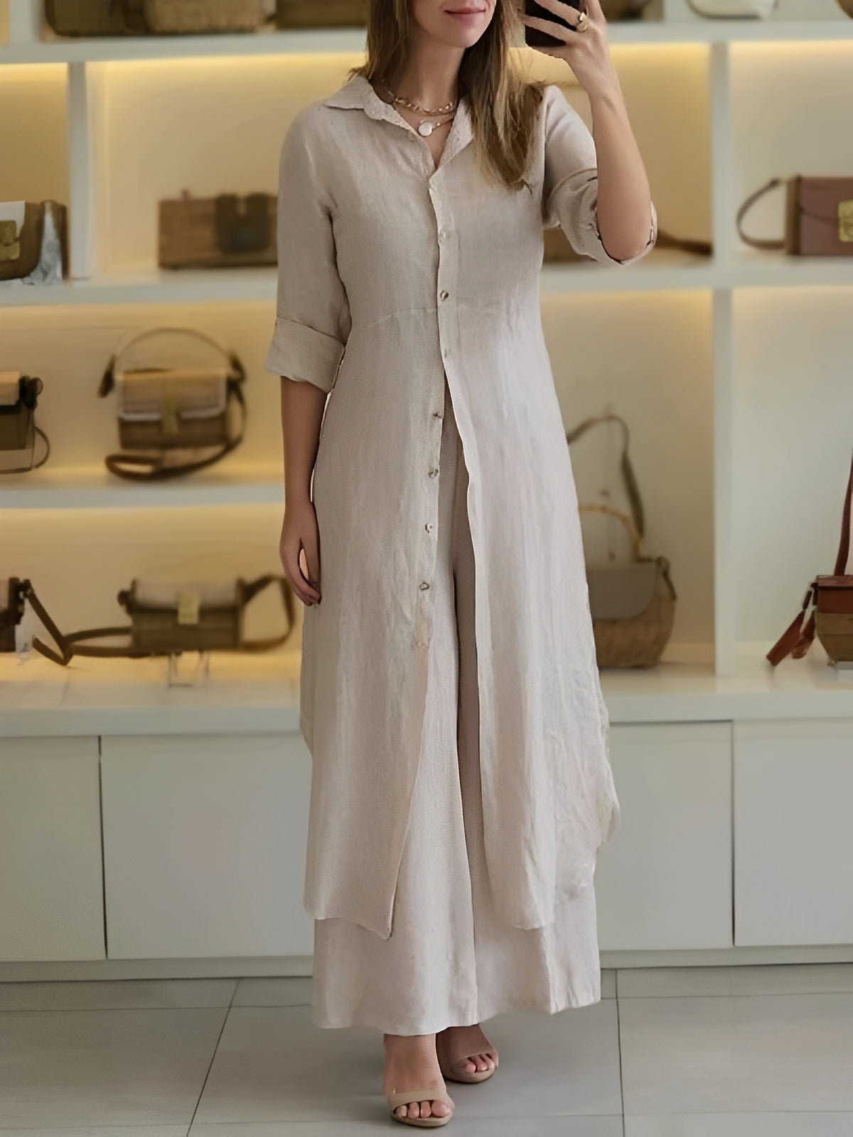 Damen Zweiteiliges Set mit langem Hemd und Hose – Leichtes Outfit für Alltag und warme Tage