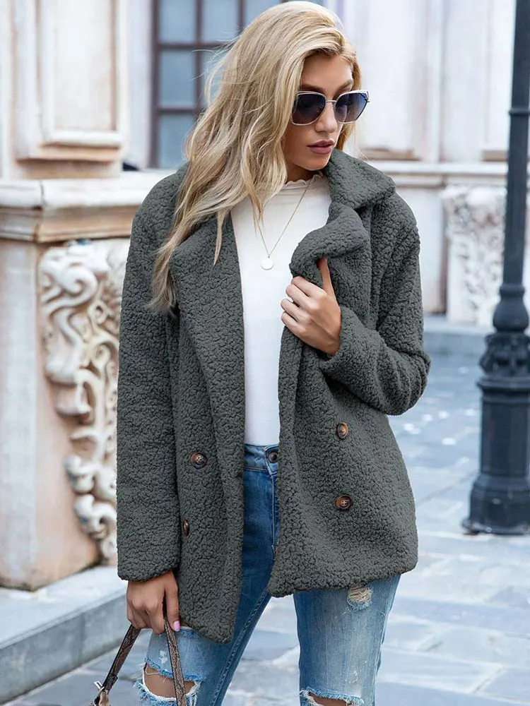 Halira | Damen Stylische Teddy Plüsch Luxus Fleece Mantel mit Taschen
