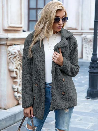Halira | Damen Stylische Teddy Plüsch Luxus Fleece Mantel mit Taschen