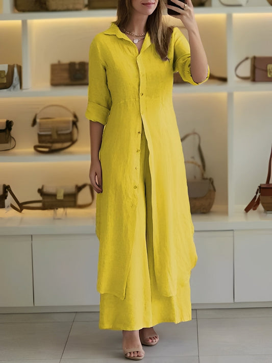 Damen Zweiteiliges Set mit langem Hemd und Hose – Leichtes Outfit für Alltag und warme Tage