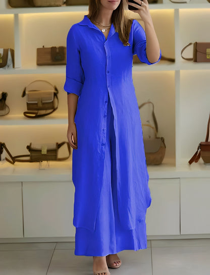 Damen Zweiteiliges Set mit langem Hemd und Hose – Leichtes Outfit für Alltag und warme Tage