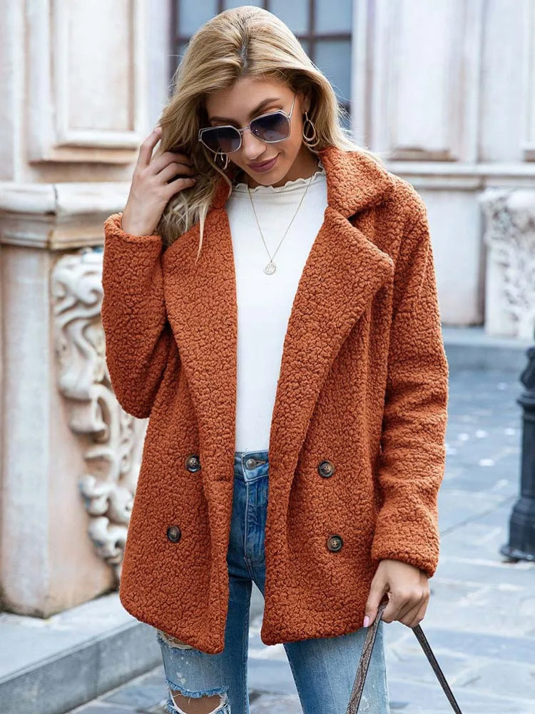Halira | Damen Stylische Teddy Plüsch Luxus Fleece Mantel mit Taschen