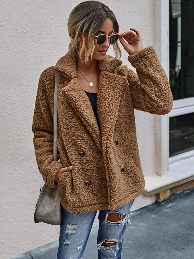 Halira | Damen Stylische Teddy Plüsch Luxus Fleece Mantel mit Taschen