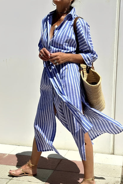 Damen Hemdkleid mit Streifenmuster – Lockeres Freizeitkleid für Alltag und Büro