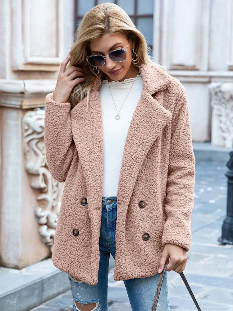 Halira | Damen Stylische Teddy Plüsch Luxus Fleece Mantel mit Taschen