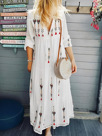Damen Boho-Kleid mit V-Ausschnitt und Blumenmuster – Sommerkleid für Urlaub und warme Tage