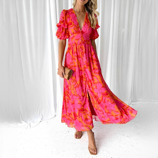 Damen Maxikleid mit V-Ausschnitt und Puffärmeln – Elegantes Kleid für Hochzeiten und besondere Anlässe