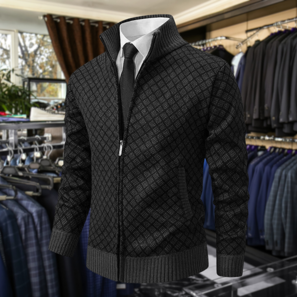 Herren-Kardigan mit Reißverschluss & elegantem Geometrie-Muster