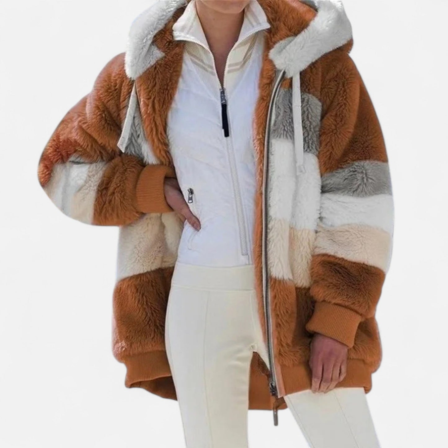 Erika | Damen Oversized Jacke mit Kapuze – Gestreifte Soft-Jacke mit Reißverschluss & Kordelzug für Herbst & Winter Eleganz