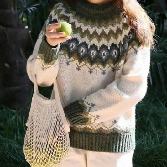 Olga | Damen Grobstrickpullover mit Winter Norweger Muster & Rundhalsausschnitt