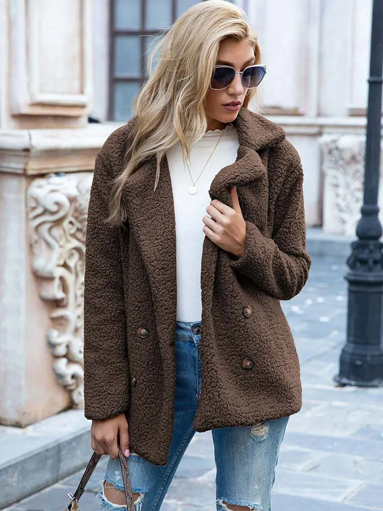 Halira | Damen Stylische Teddy Plüsch Luxus Fleece Mantel mit Taschen