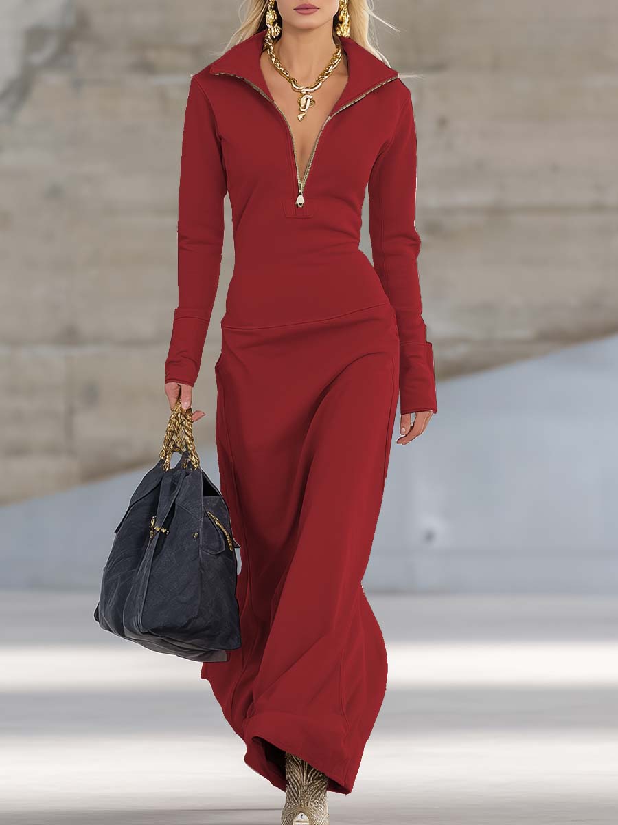 Damen Maxikleid mit Zip-Kragen | Figurbetontes Sommerkleid in eleganter Silhouette