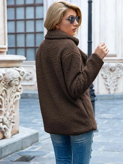 Halira | Damen Stylische Teddy Plüsch Luxus Fleece Mantel mit Taschen