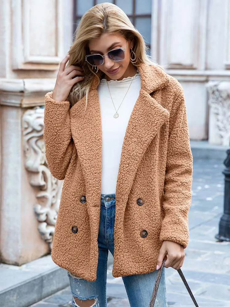 Halira | Damen Stylische Teddy Plüsch Luxus Fleece Mantel mit Taschen