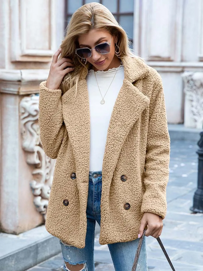 Halira | Damen Stylische Teddy Plüsch Luxus Fleece Mantel mit Taschen