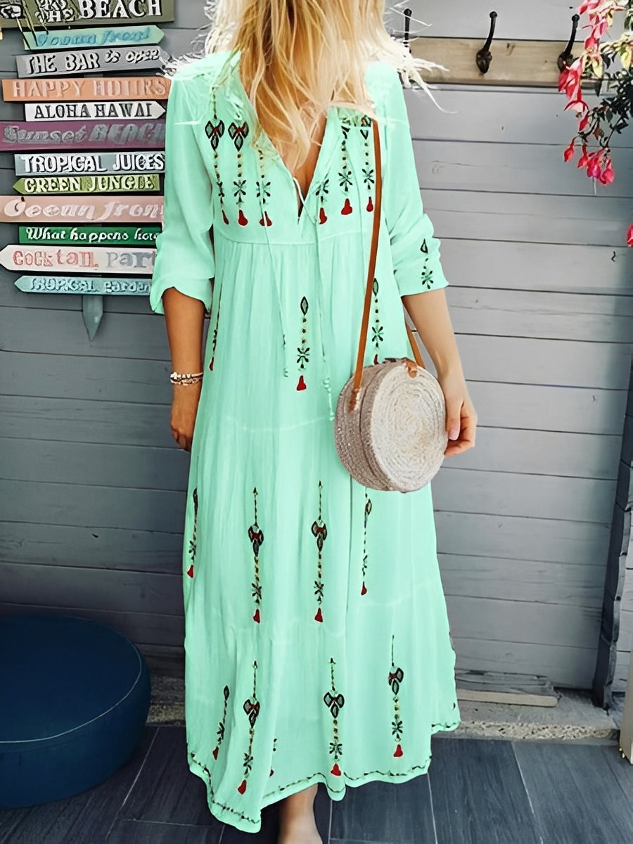 Damen Boho-Kleid mit V-Ausschnitt und Blumenmuster – Sommerkleid für Urlaub und warme Tage
