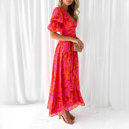 Damen Maxikleid mit V-Ausschnitt und Puffärmeln – Elegantes Kleid für Hochzeiten und besondere Anlässe