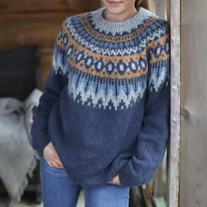 Olga | Damen Grobstrickpullover mit Winter Norweger Muster & Rundhalsausschnitt