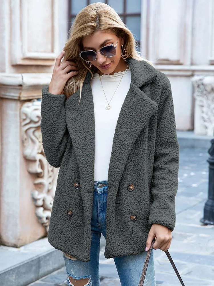 Halira | Damen Stylische Teddy Plüsch Luxus Fleece Mantel mit Taschen