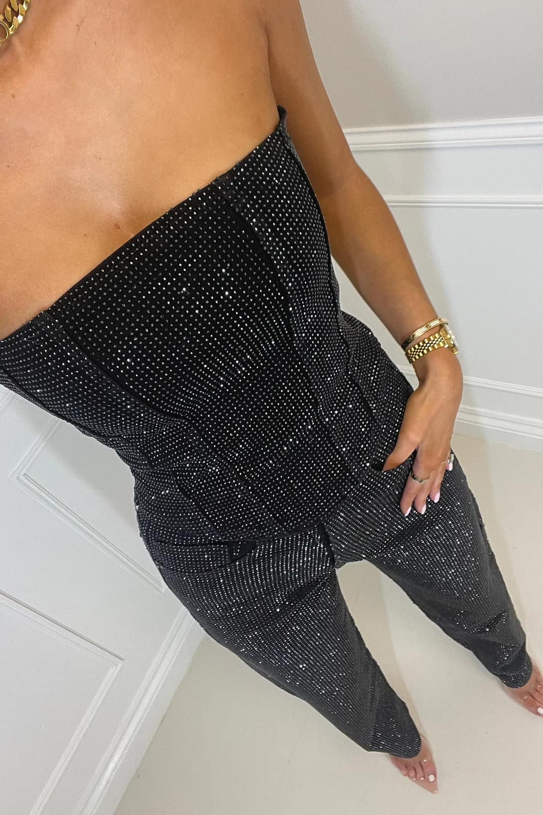 Trägerloser Damen Jumpsuit | Eleganter Glitzer-Look für besondere Anlässe