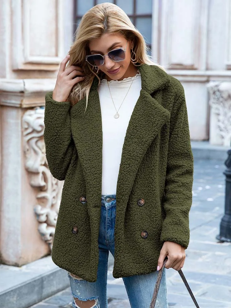 Halira | Damen Stylische Teddy Plüsch Luxus Fleece Mantel mit Taschen