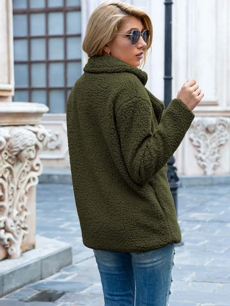 Halira | Damen Stylische Teddy Plüsch Luxus Fleece Mantel mit Taschen