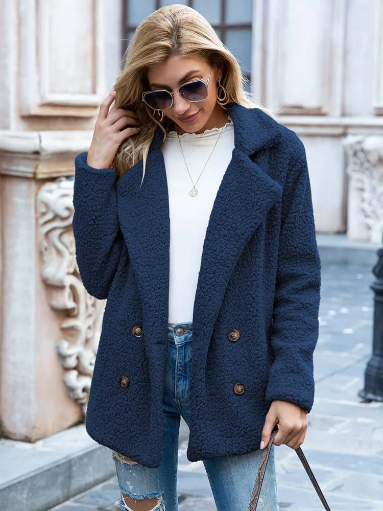 Halira | Damen Stylische Teddy Plüsch Luxus Fleece Mantel mit Taschen