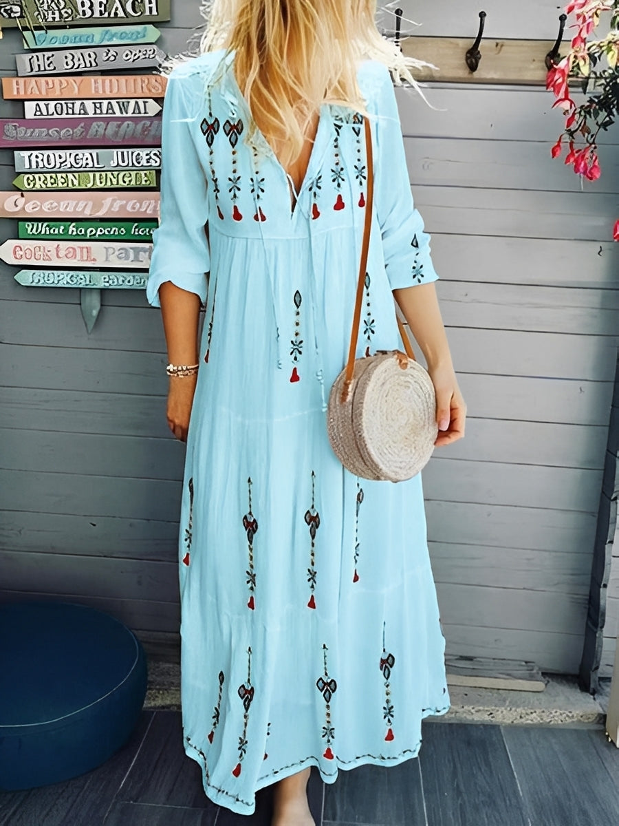 Damen Boho-Kleid mit V-Ausschnitt und Blumenmuster – Sommerkleid für Urlaub und warme Tage