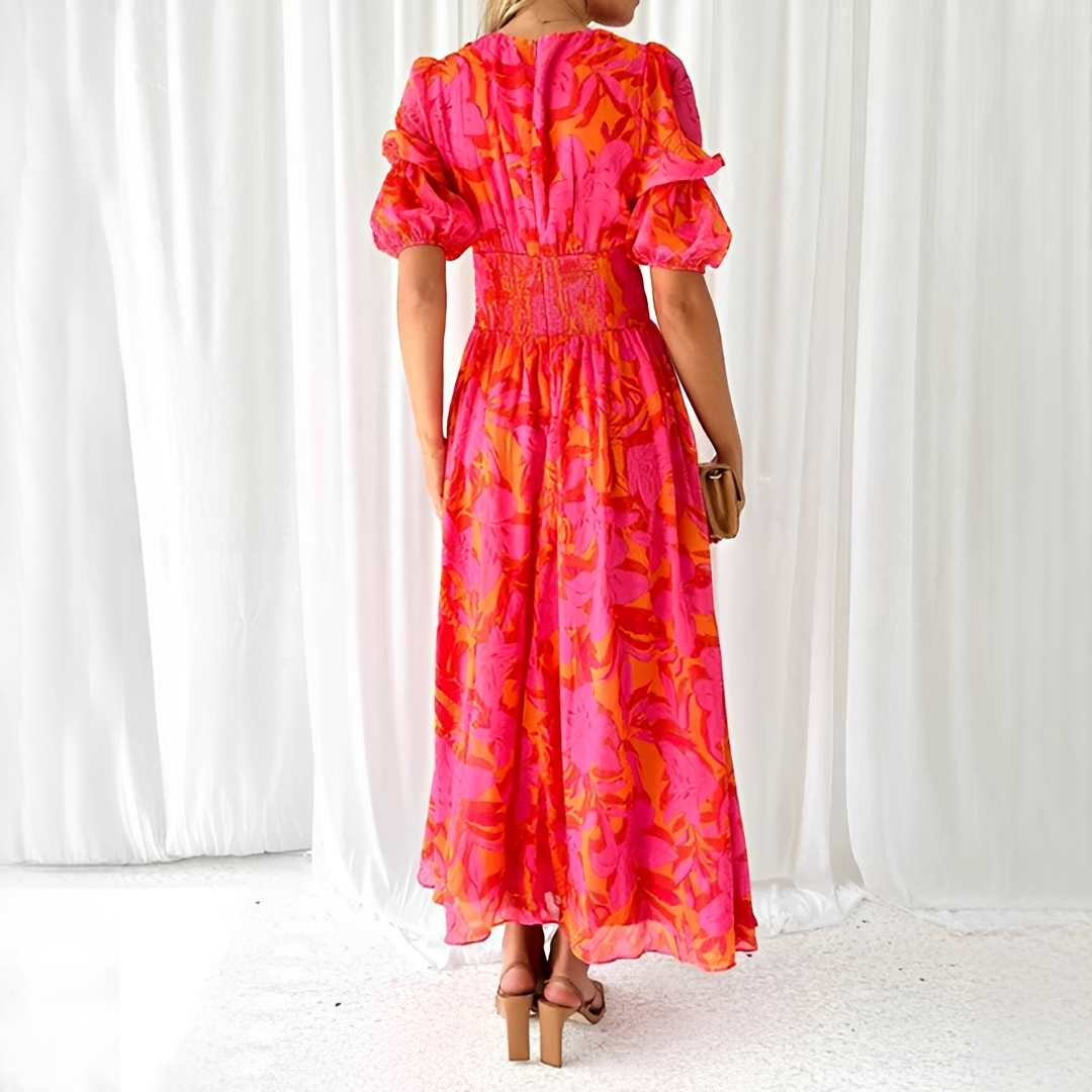 Damen Maxikleid mit V-Ausschnitt und Puffärmeln – Elegantes Kleid für Hochzeiten und besondere Anlässe