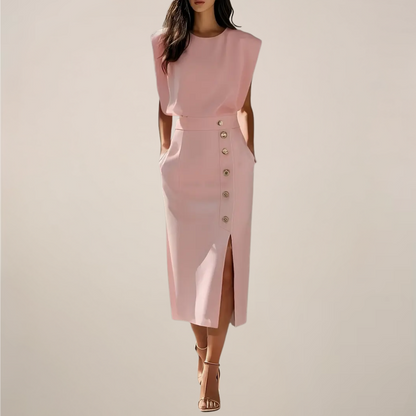 Ilse | Damen Ärmelloses Midi Kleid mit Knopfleiste & Seitenschlitz – Elegant, Zeitlos & Feminin für Alltag & Anlässe
