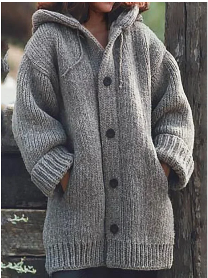 Lange Strickjacke mit Kapuze – Damen Cardigan oversized, warm & stylisch